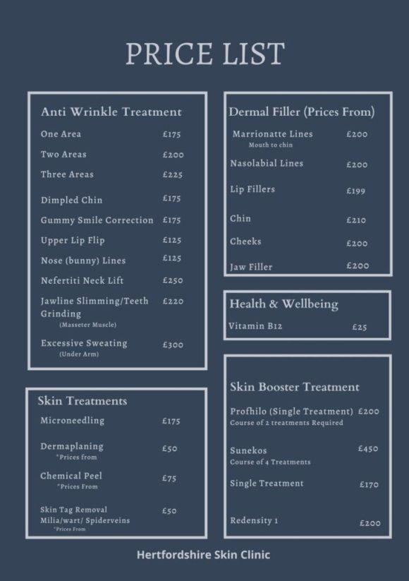 Price List For Aesthetics Services at Hertford Hair Salon in Hertford